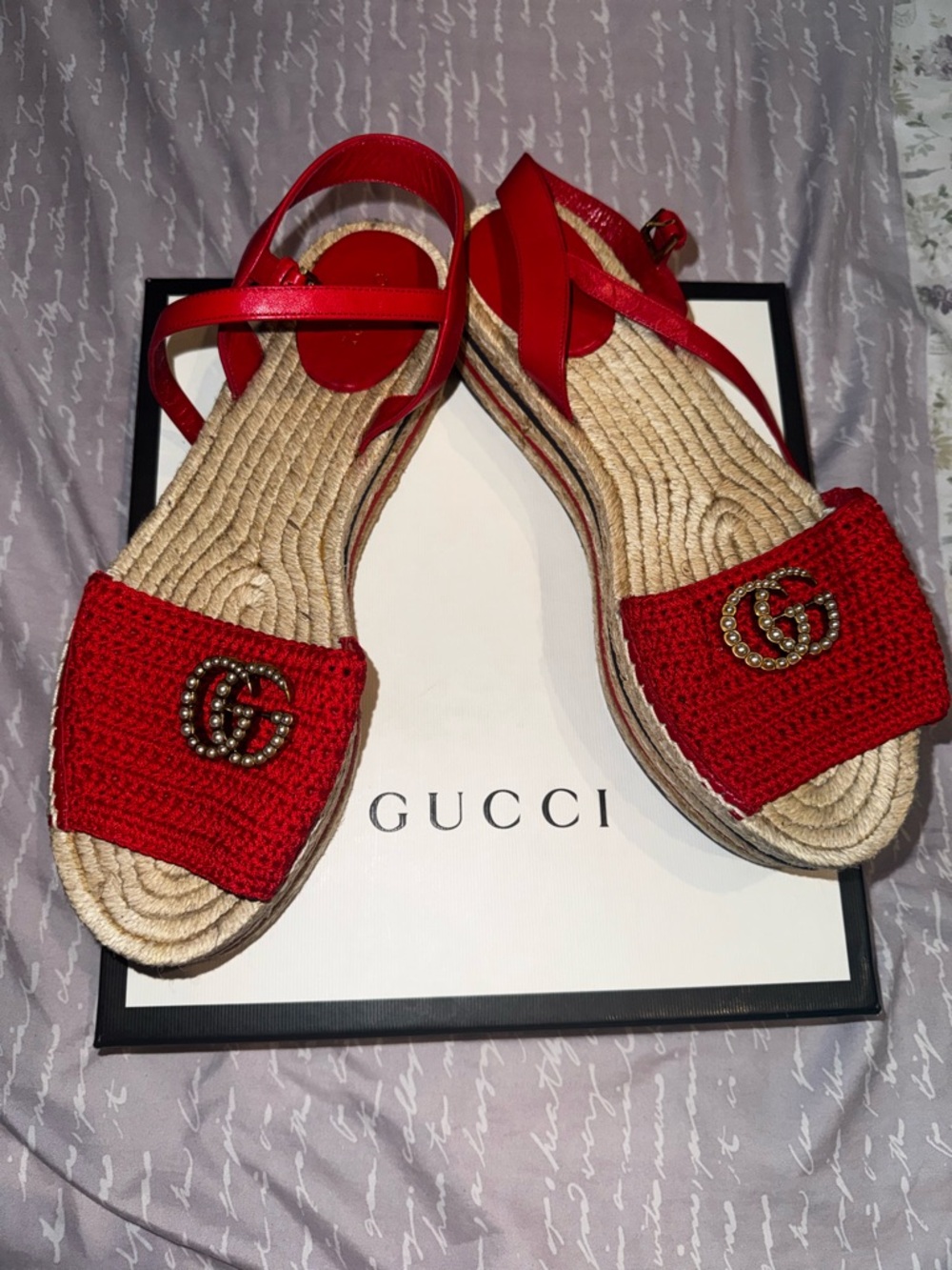 Gucci Red Raffia Logo Espadrille Slingback Sandals